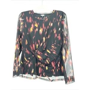 DKNY Sheer Top Womens Large Black Twist Front Allover Abstract Witchy
